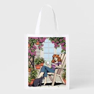 A Women with Coffee, Cat and Plants Grocery Bag