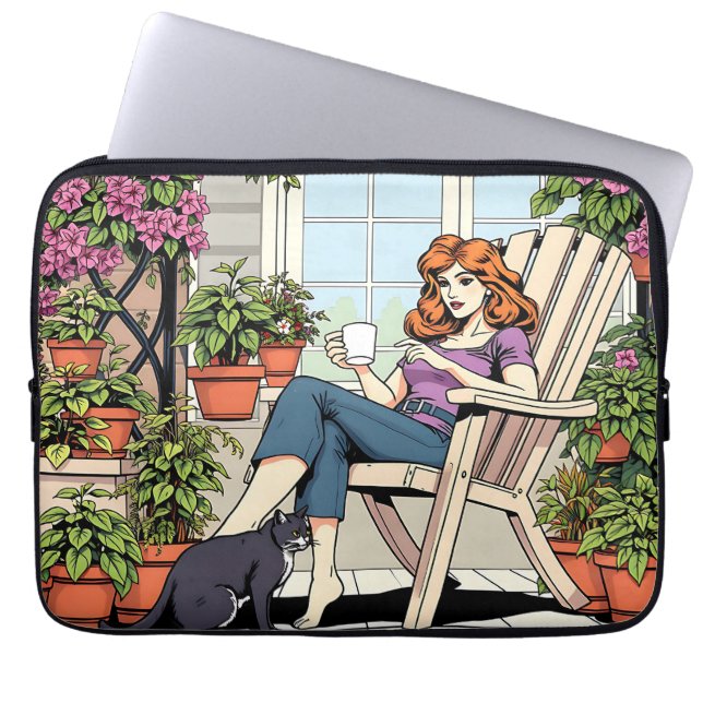 A Women with Coffee, Cat and  Plants Laptop Sleeve (Front)