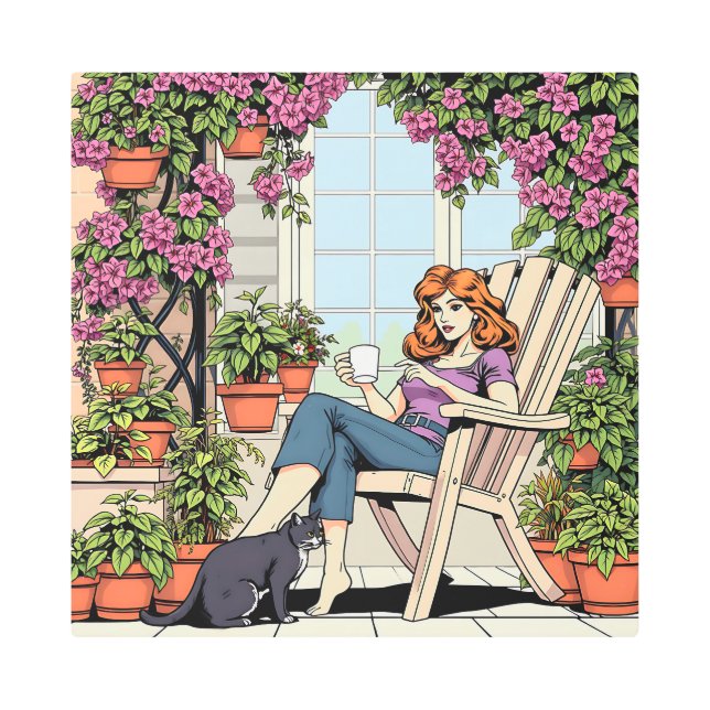 A Women with Coffee, Cat and  Plants Metal Print (Front)