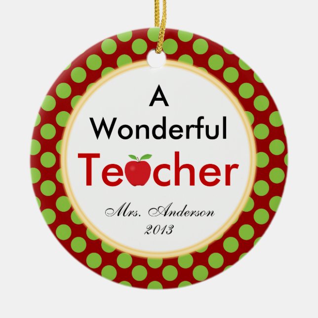 A Wonderful Teacher with Apple Christmas Ceramic Ornament (Front)