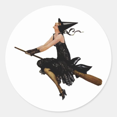 A Wonderful Witch Flies Away on her Broom Classic Round Sticker