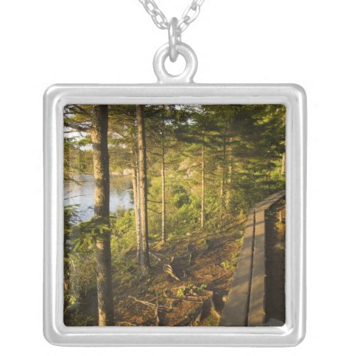 A wooden walkway in Acadia National Park Maine Silver Plated Necklace