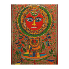 A Wooden Wall Piece of Multicolored Madhubani Art. Wood Wall Art