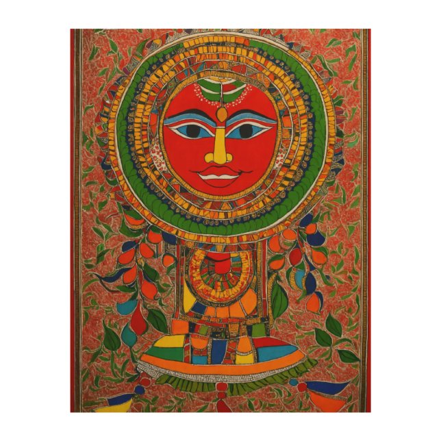 A Wooden Wall Piece of Multicolored Madhubani Art. Wood Wall Art (Front)