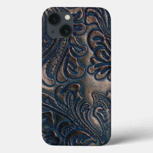 A Worn Vintage Embossed Dark Brown Leather Design iPhone 13 Case