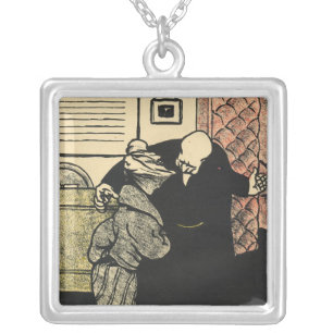 A worthy man ushers a young woman into his silver plated necklace