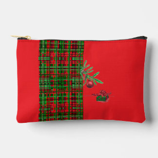 A wreath with a branch a present on plaid accessory pouch