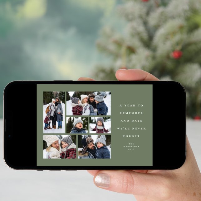 A year to remember  6 photo collage green holiday card (Front Digital)