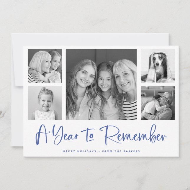 A Year to Remember | Blue Minimalist Photo Grid Holiday Card (Front)