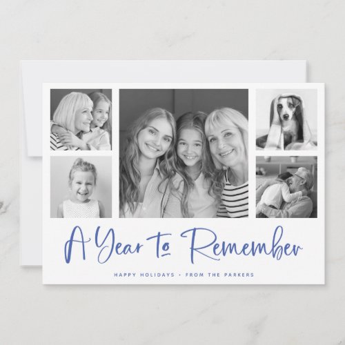 A Year to Remember  Blue Minimalist Photo Grid Holiday Card