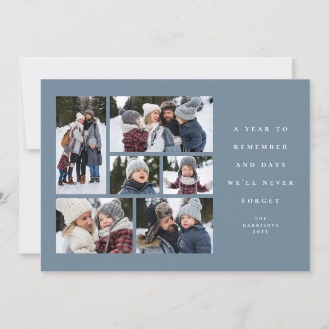 A year to remember family collage light blue holiday card (Front)