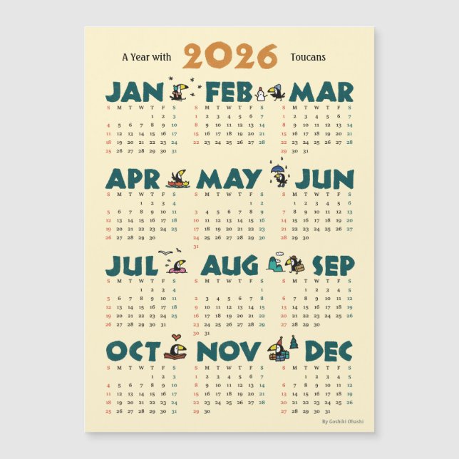 A Year with Toucans: Calendar 2026 マグネットカード (Front)