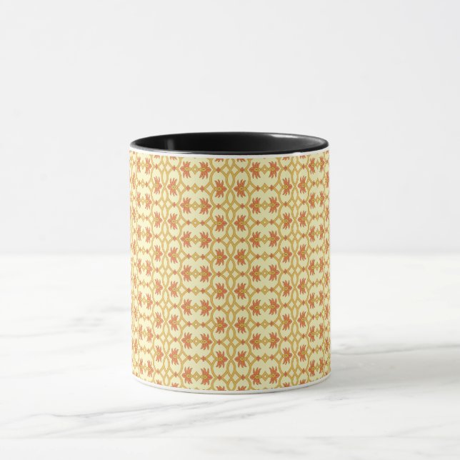 a yellow and white background with an intricate de mug (Center)