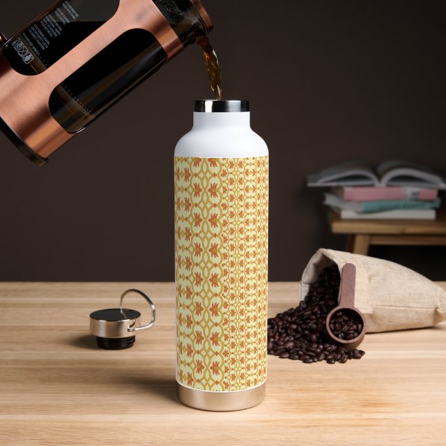 a yellow and white background with an intricate de water bottle (Coffee)