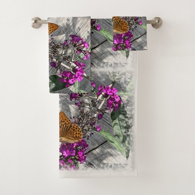 A yellow butterfly bath towel set (Insitu)