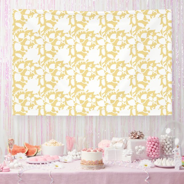 A yellow rug with a repeating motif pattern resemb banner (Party)