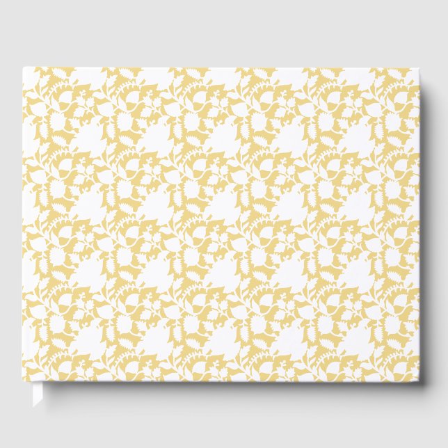 A yellow rug with a repeating motif pattern resemb guest book (Front)