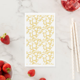 A yellow rug with a repeating motif pattern resemb paper guest towels