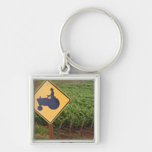 A yellow tractor crossing sign in the vineyard keychain