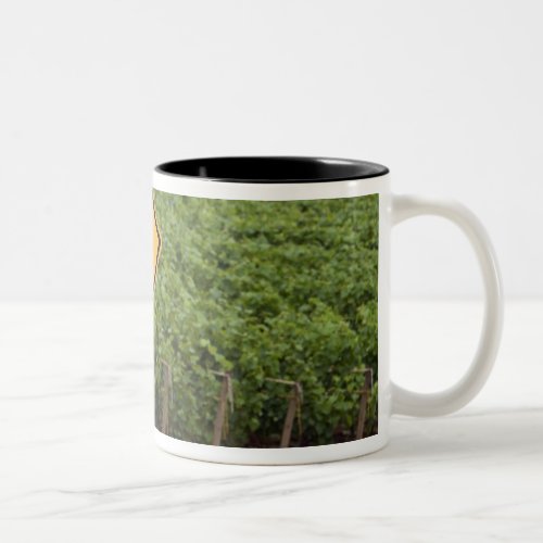 A yellow tractor crossing sign in the vineyard Two_Tone coffee mug