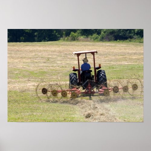 A young boy driving a tractor harvesting poster