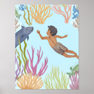 A young boy free diving in the caribbean poster