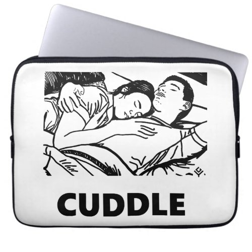 A young couple sleeps sweetly in bed hugging each  laptop sleeve