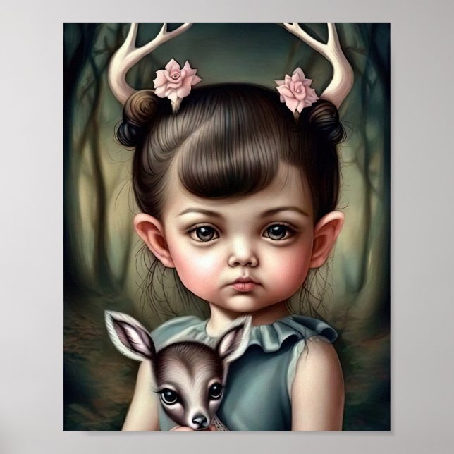 A young girl holding a deer in her arms poster (Front)