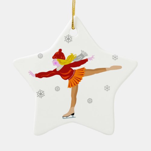 A Young Girl Ice Skating as Snowflakes Fall Ceramic Ornament