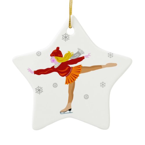 A Young Girl Ice Skating as Snowflakes Fall Ceramic Ornament