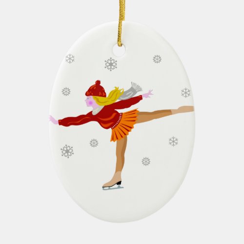 A Young Girl Ice Skating as Snowflakes Fall Ceramic Ornament
