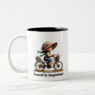 A Young Happy Child Riding a Steampunk Bicycle Two-Tone Coffee Mug