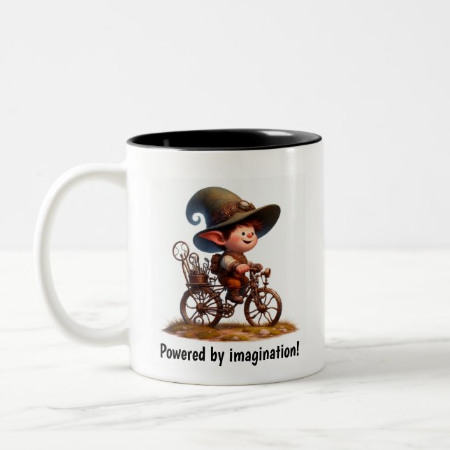 A Young Happy Child Riding a Steampunk Bicycle Two-Tone Coffee Mug (Left)