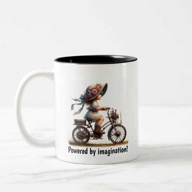 A Young Happy Child Riding a Steampunk Bicycle Two-Tone Coffee Mug (Left)