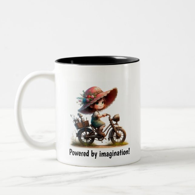 A Young Happy Child Riding a Steampunk Motorbike Two-Tone Coffee Mug (Left)