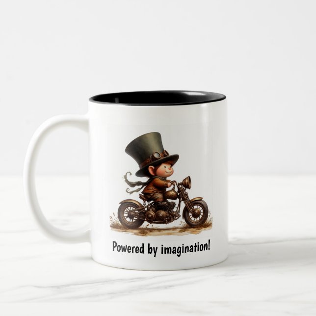 A Young Happy Child Riding a Steampunk Motorbike Two-Tone Coffee Mug (Left)