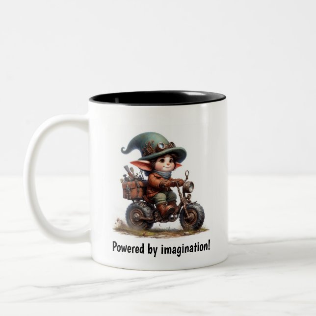 A Young Happy Child Riding a Steampunk Motorbike Two-Tone Coffee Mug (Left)