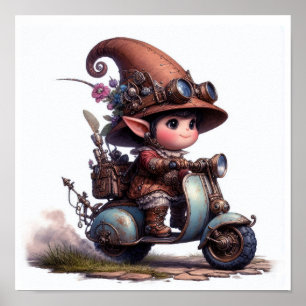 A Young Happy Child Riding a Steampunk Scooter Poster