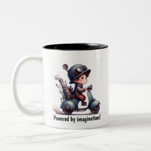 A Young Happy Child Riding a Steampunk Skooter Two-Tone Coffee Mug