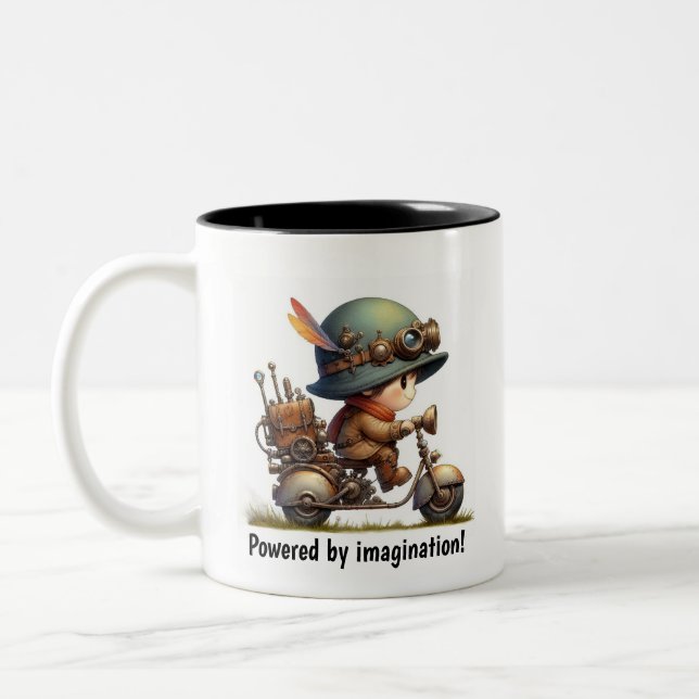 A Young Happy Child Riding a Steampunk Skooter Two-Tone Coffee Mug (Left)