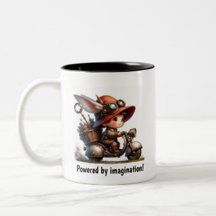 A Young Happy Child Riding a Steampunk Skooter Two-Tone Coffee Mug