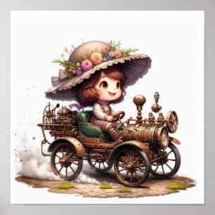 A Young Happy Child Riding a Steampunk Vehicle Poster