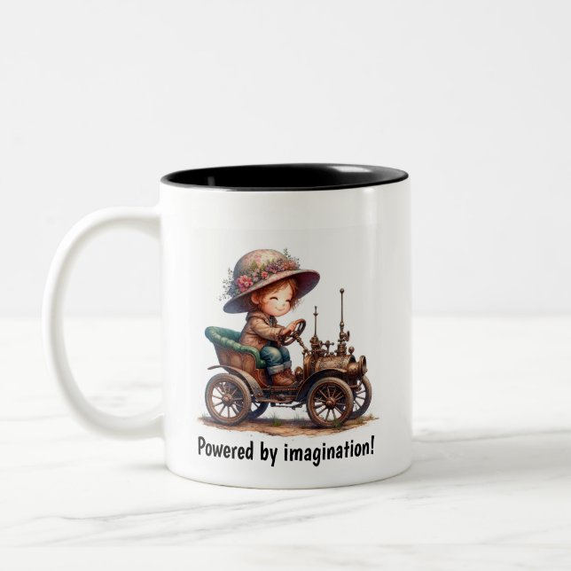 A Young Happy Child Riding a Steampunk Vehicle Two-Tone Coffee Mug (Left)