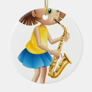 A young lady playing with the saxophone ceramic ornament