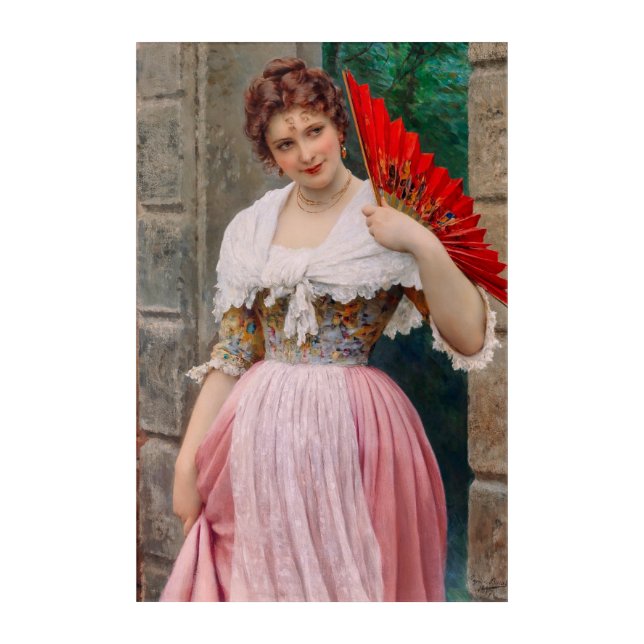 A Young Lady with a Red Fan by Eugen von Blaas Acrylic Print (Front)