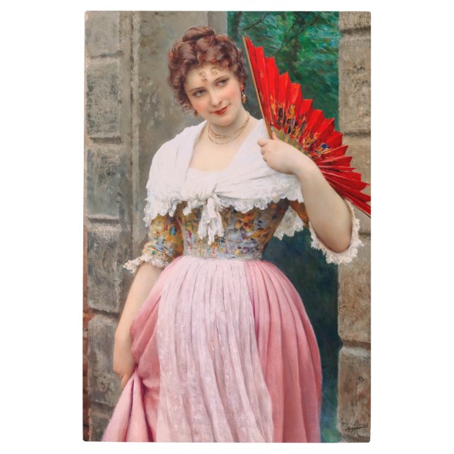A Young Lady with a Red Fan by Eugen von Blaas Metal Print (Front)