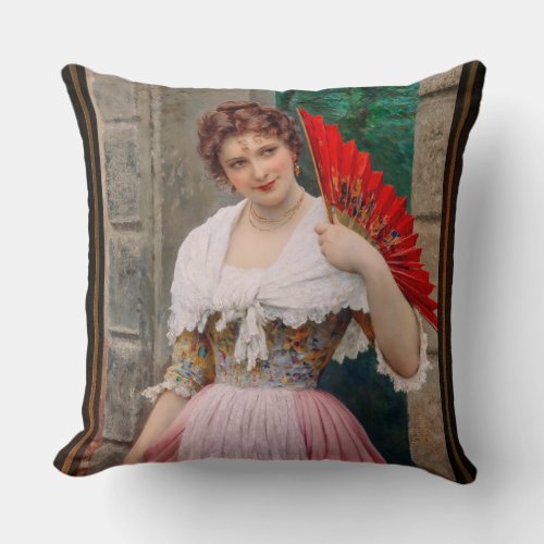 A Young Lady with a Red Fan by Eugen von Blaas Throw Pillow