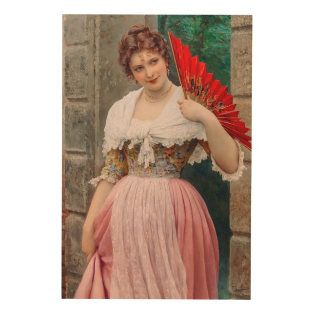 A Young Lady with a Red Fan by Eugen von Blaas Wood Wall Art (Front)