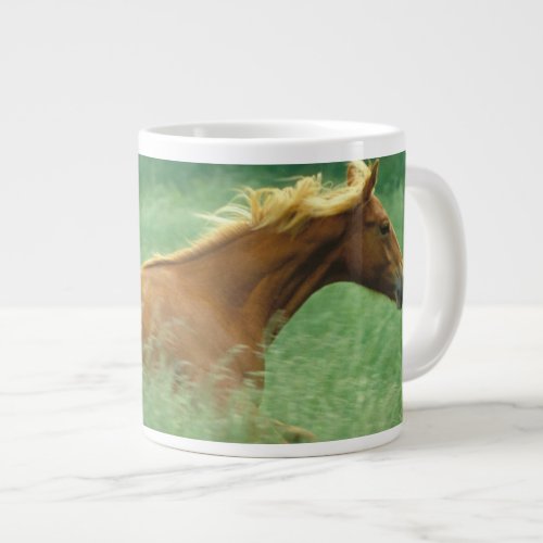 A young stallion runs through a meadow of tall large coffee mug