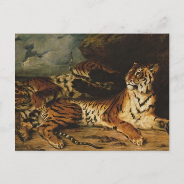 A Young Tiger Playing with Its Mother by Delacroix Postcard (Front)